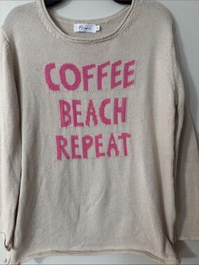 Miracle Beige Knit Sweater with Pink 'COFFEE BEACH REPEAT' Graphic
